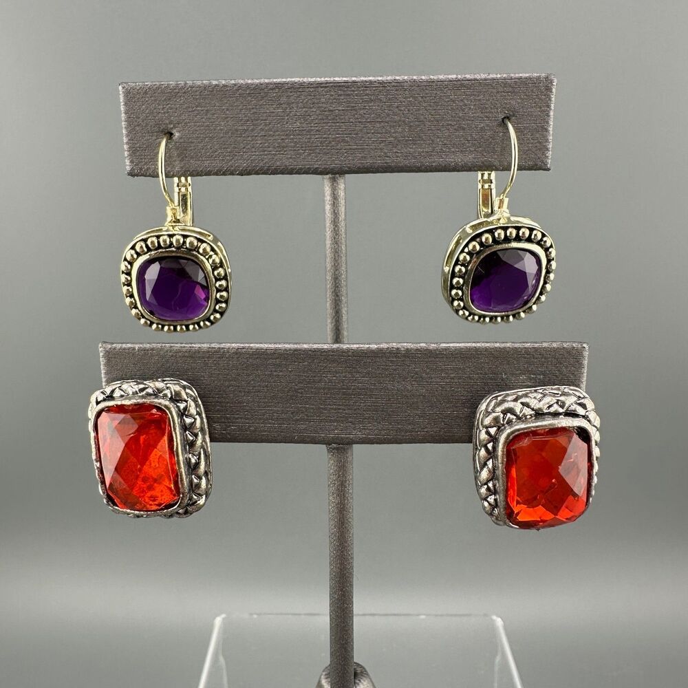 Vintage Rhinestone Earrings Lot Leverback Wingback Purple Red Silver Gold Tone